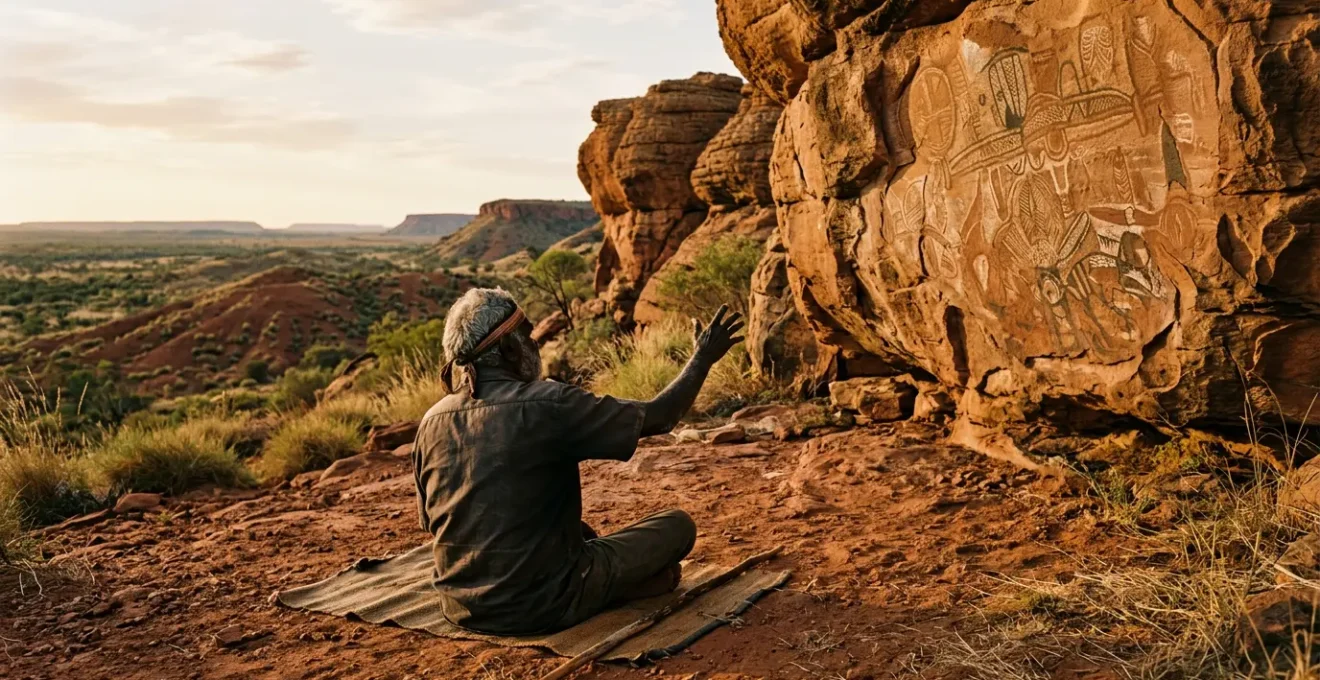 Aboriginal elder sharing sacred stories on ancestral land with dramatic natural rock formations under golden hour light