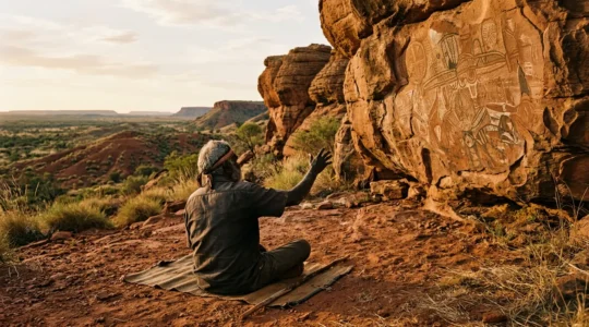 Aboriginal elder sharing sacred stories on ancestral land with dramatic natural rock formations under golden hour light