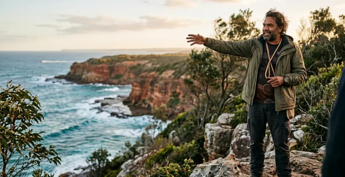 Aboriginal guide standing on coastal landscape gesturing toward the horizon while sharing cultural knowledge with visitors