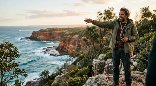 Aboriginal guide standing on coastal landscape gesturing toward the horizon while sharing cultural knowledge with visitors
