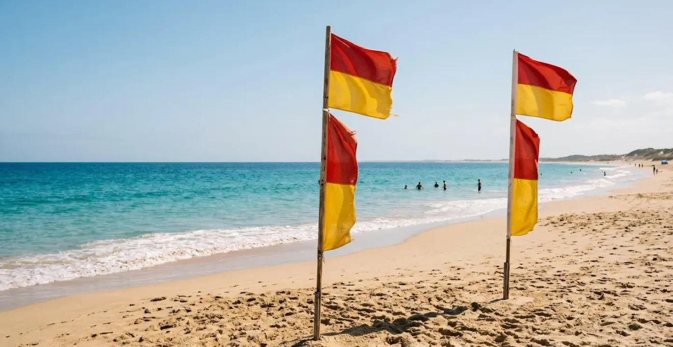 Red and yellow safety flags marking patrolled swimming area on Australian beach with crystal clear turquoise water