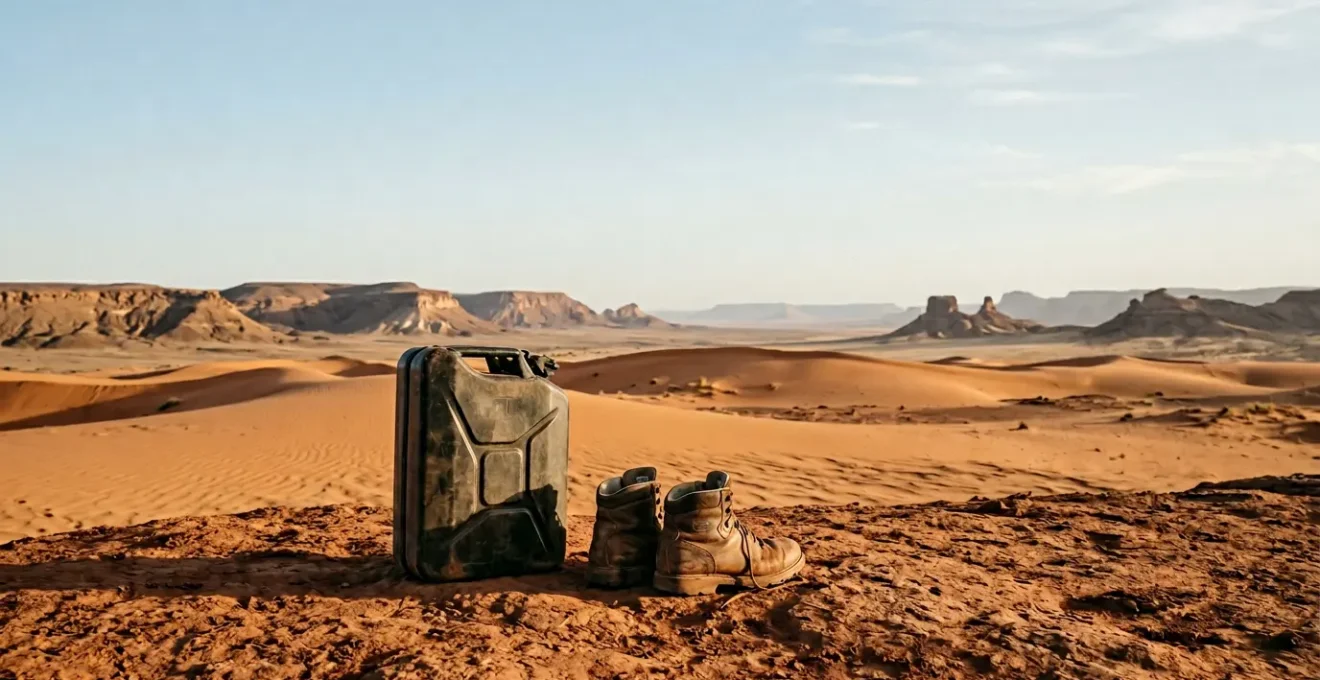 Survival water containers and hydration gear in remote Australian desert landscape under harsh sun