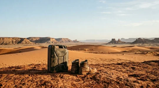 Survival water containers and hydration gear in remote Australian desert landscape under harsh sun