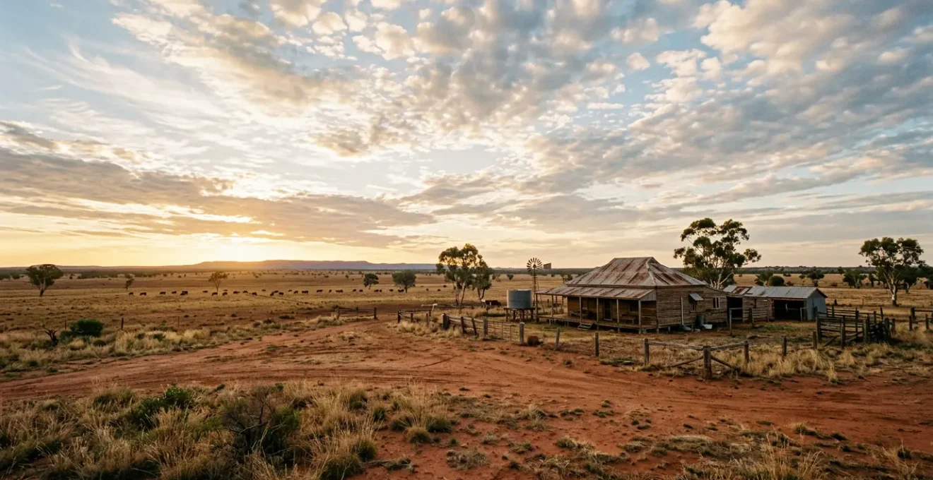 Wide panoramic view of an authentic Australian cattle station at golden hour with rustic homestead and vast red earth paddocks under dramatic sky