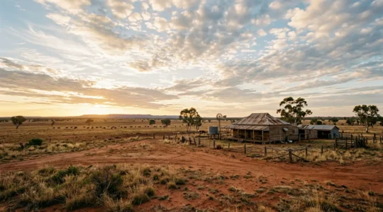 Wide panoramic view of an authentic Australian cattle station at golden hour with rustic homestead and vast red earth paddocks under dramatic sky
