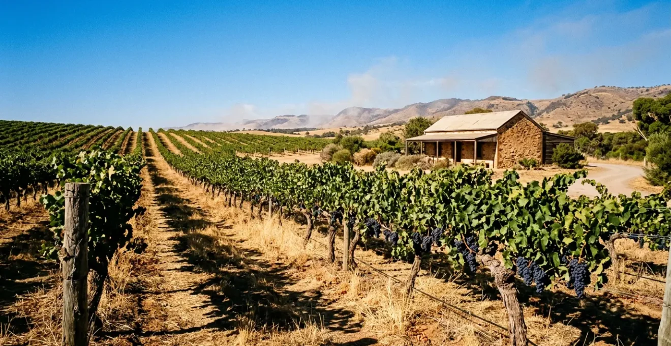 Sunlit Barossa Valley vineyard rows stretching across rolling hills under intense summer sky with heat shimmer