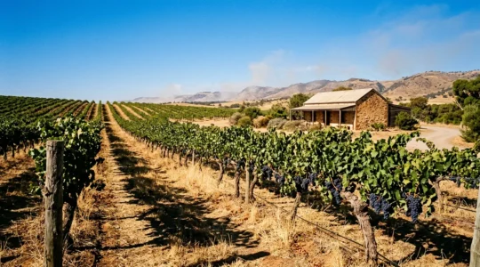 Sunlit Barossa Valley vineyard rows stretching across rolling hills under intense summer sky with heat shimmer