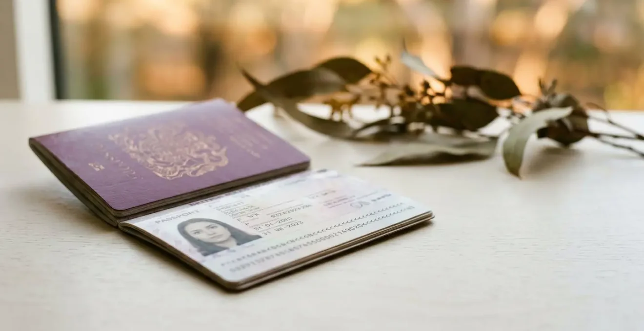 British passport photo page with Australia visa stamp showing validity period, editorial travel photography