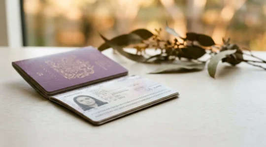 British passport photo page with Australia visa stamp showing validity period, editorial travel photography
