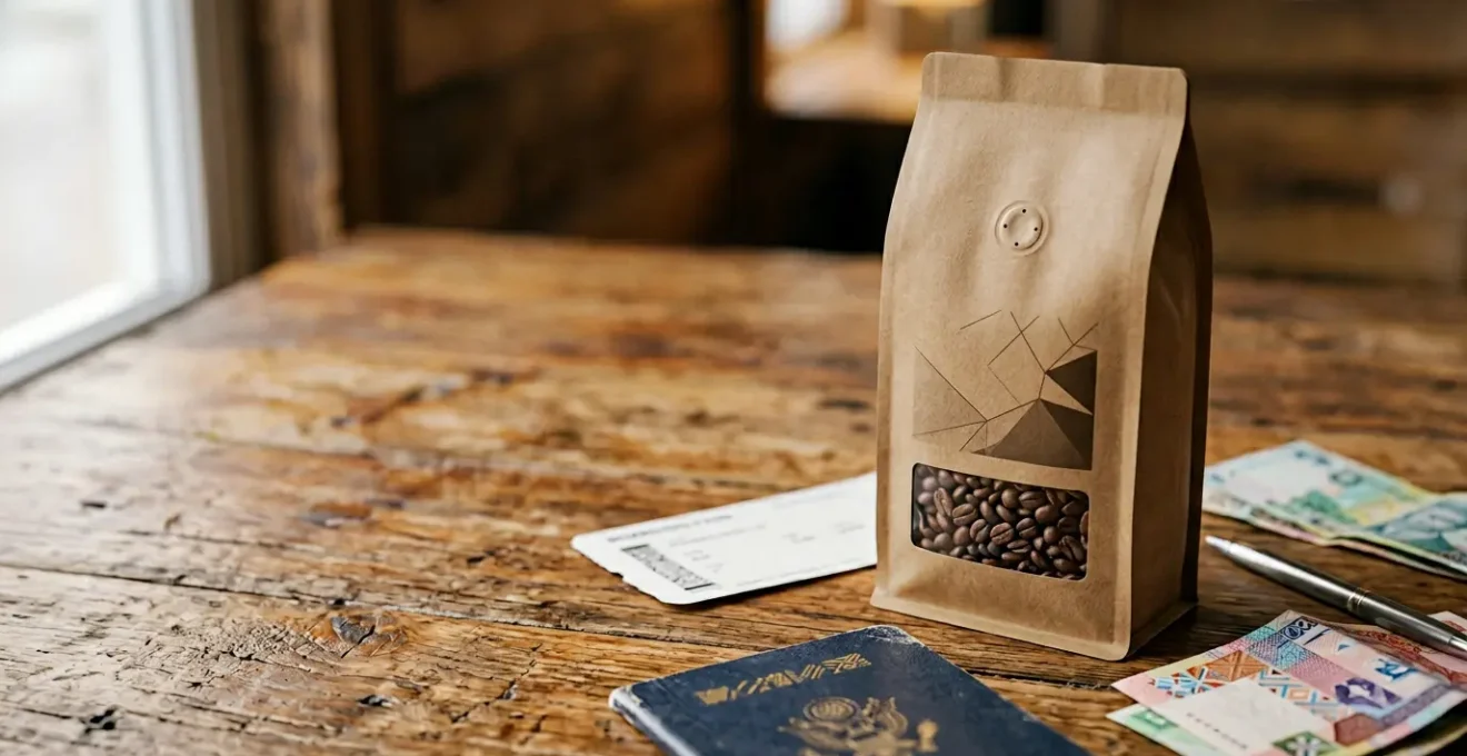 Specialty coffee beans in valve-sealed packaging surrounded by travel essentials for international customs clearance