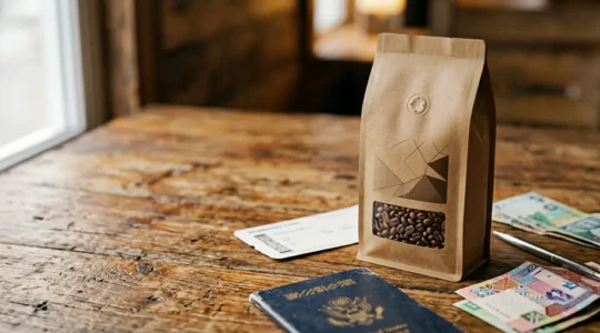 Specialty coffee beans in valve-sealed packaging surrounded by travel essentials for international customs clearance