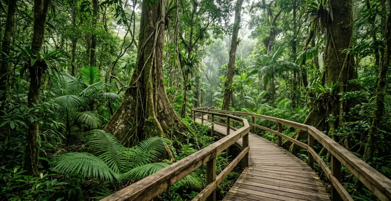 Elevated boardwalk winding through ancient Daintree Rainforest with towering trees and lush ferns