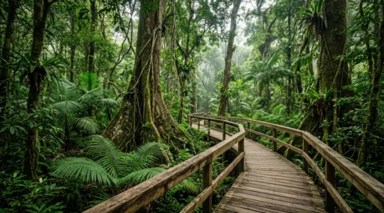 Elevated boardwalk winding through ancient Daintree Rainforest with towering trees and lush ferns