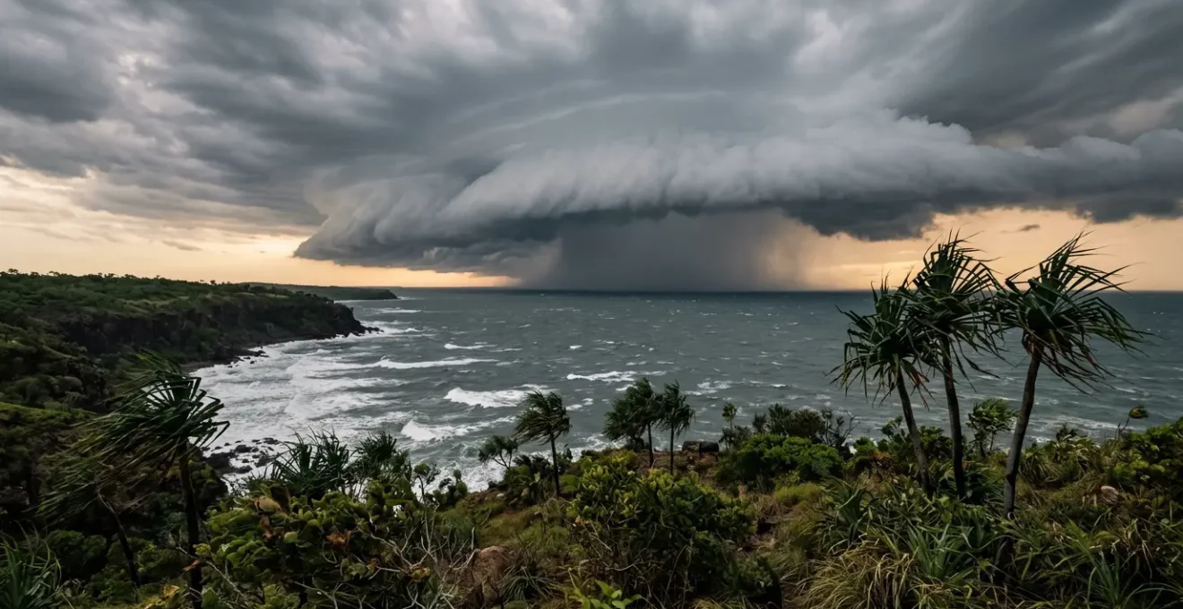 Dramatic tropical storm clouds gathering over Darwin coastline during wet season with churning ocean waters