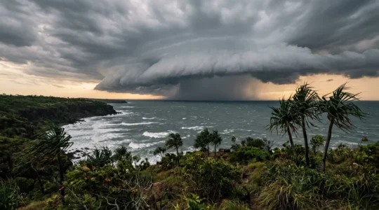 Dramatic tropical storm clouds gathering over Darwin coastline during wet season with churning ocean waters