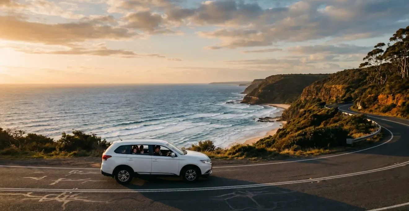 Family car driving along scenic Australian coastal highway with ocean views and children visible through windows