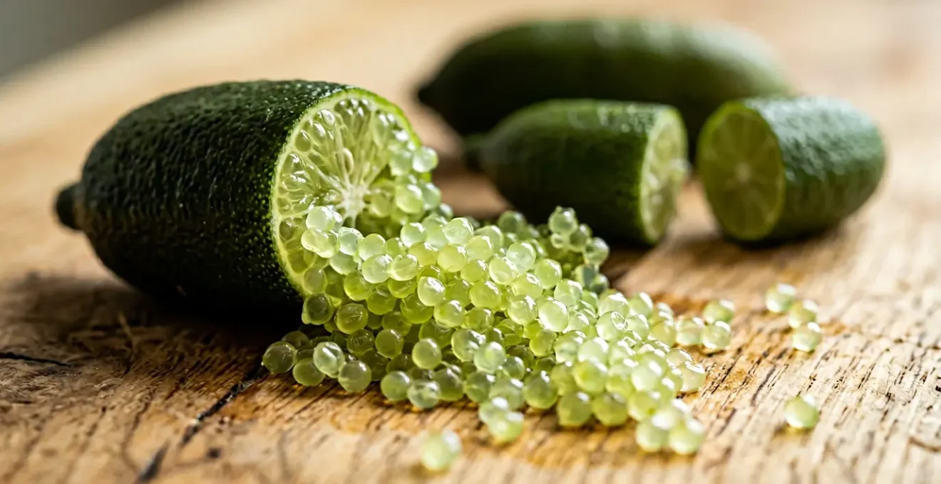 Vibrant finger lime fruit cut in half revealing caviar-like citrus pearls bursting from the interior