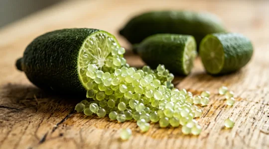 Vibrant finger lime fruit cut in half revealing caviar-like citrus pearls bursting from the interior