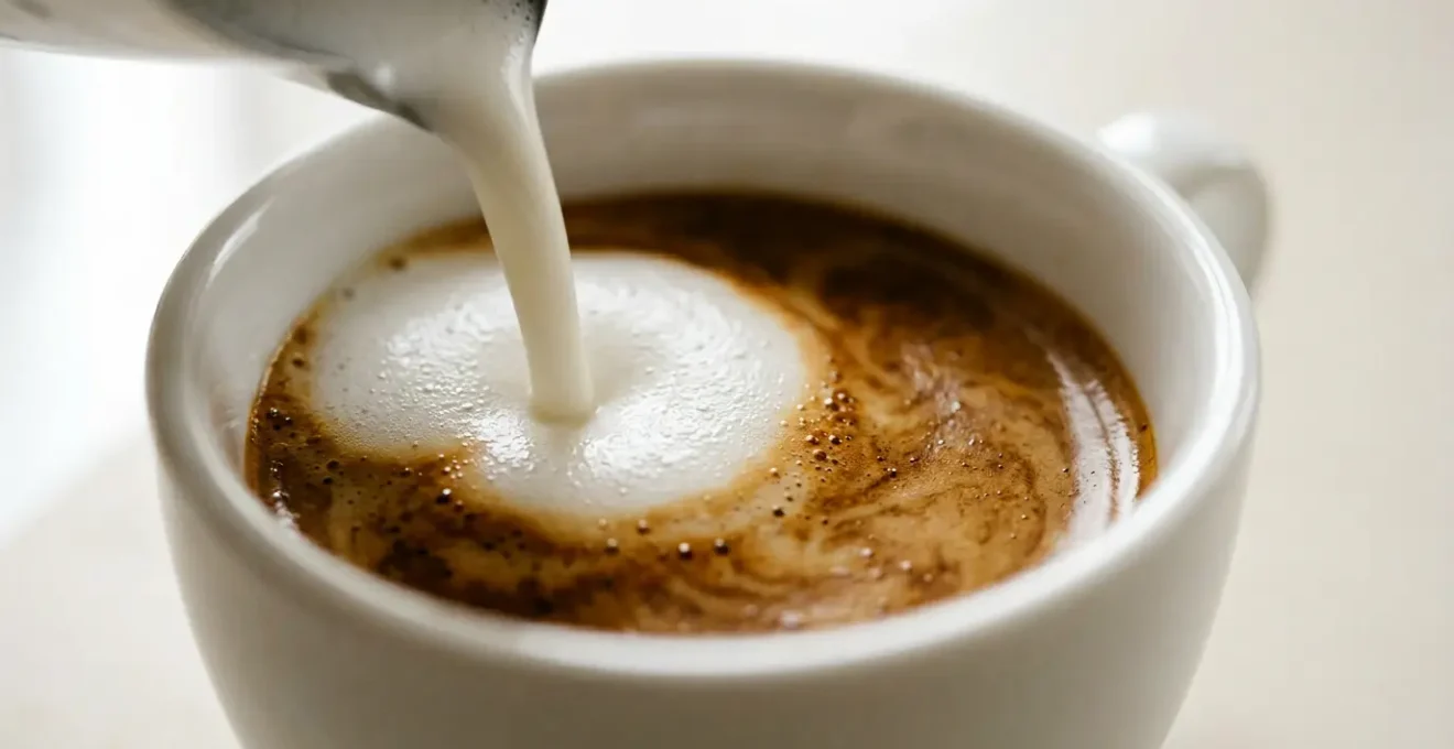 Close-up of velvety microfoam being poured into espresso creating glossy surface in ceramic cup