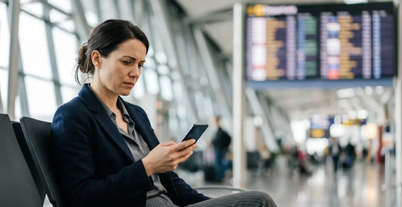Traveler checking phone with concerned expression in airport terminal, symbolizing visa processing anxiety