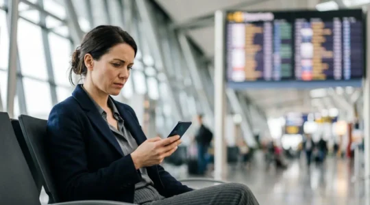 Traveler checking phone with concerned expression in airport terminal, symbolizing visa processing anxiety