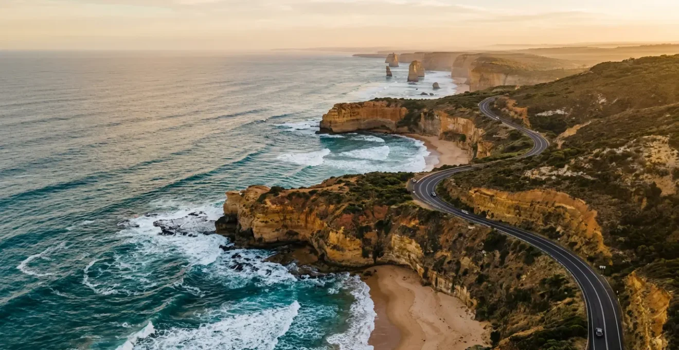Aerial view of the Great Ocean Road hugging dramatic coastal cliffs with ocean waves below