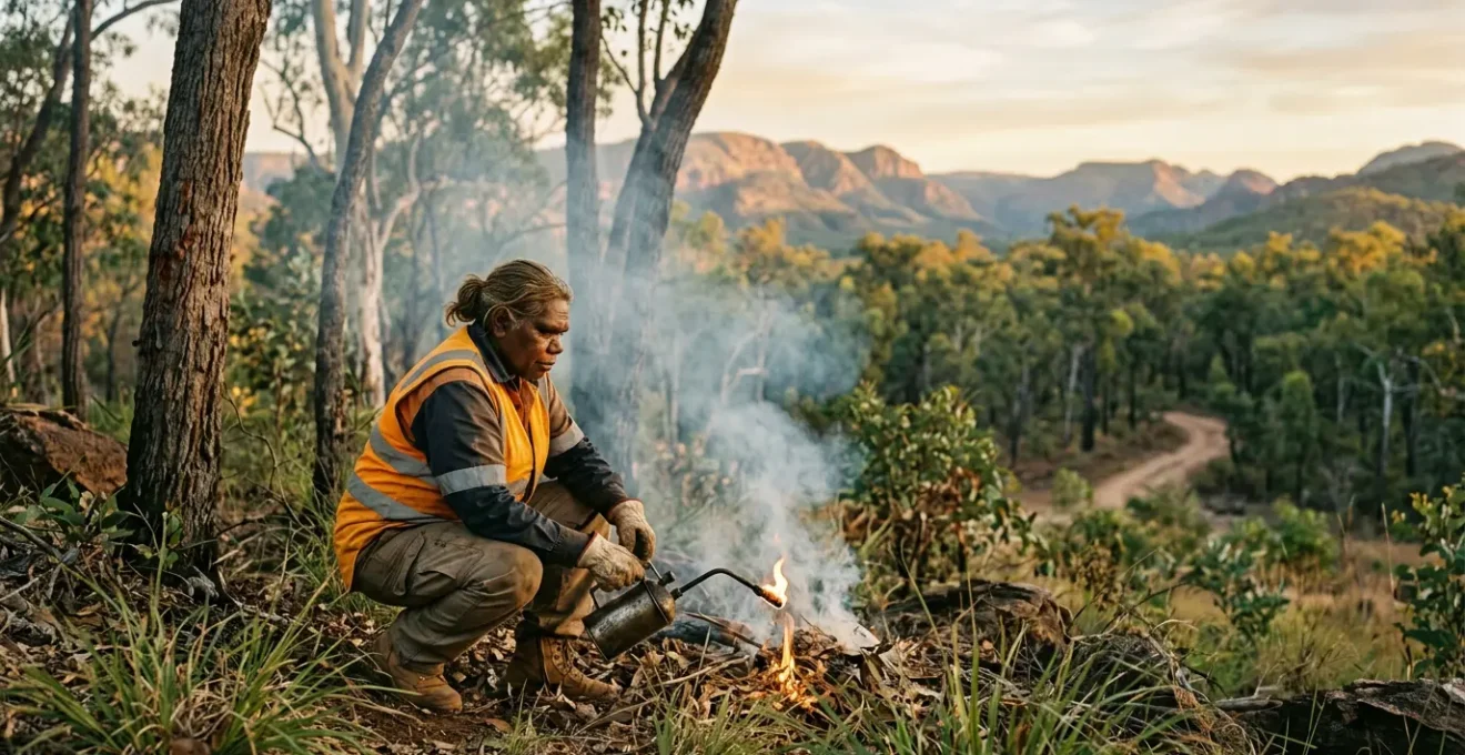 Indigenous ranger managing controlled cultural burn in Australian eucalyptus landscape at dawn