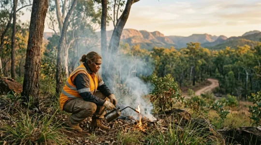 Indigenous ranger managing controlled cultural burn in Australian eucalyptus landscape at dawn