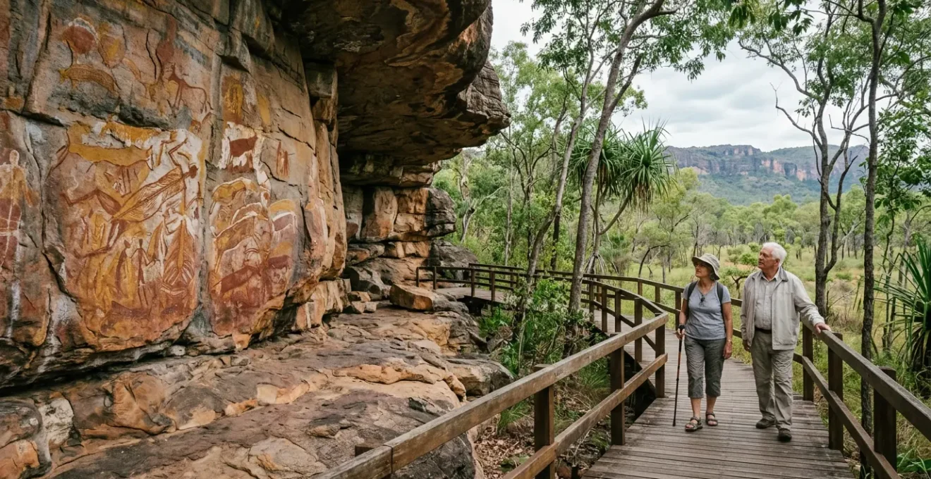Ancient Aboriginal rock art gallery in Kakadu National Park with accessible boardwalk for senior visitors