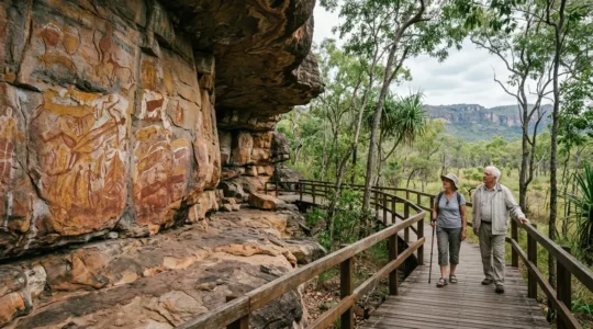 Ancient Aboriginal rock art gallery in Kakadu National Park with accessible boardwalk for senior visitors