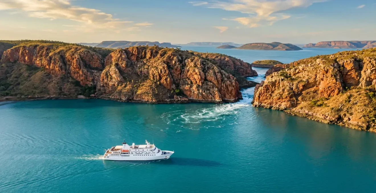 Luxury expedition cruise ship navigating turquoise waters near dramatic red cliffs and tidal waterfalls in Australia's remote Kimberley coast