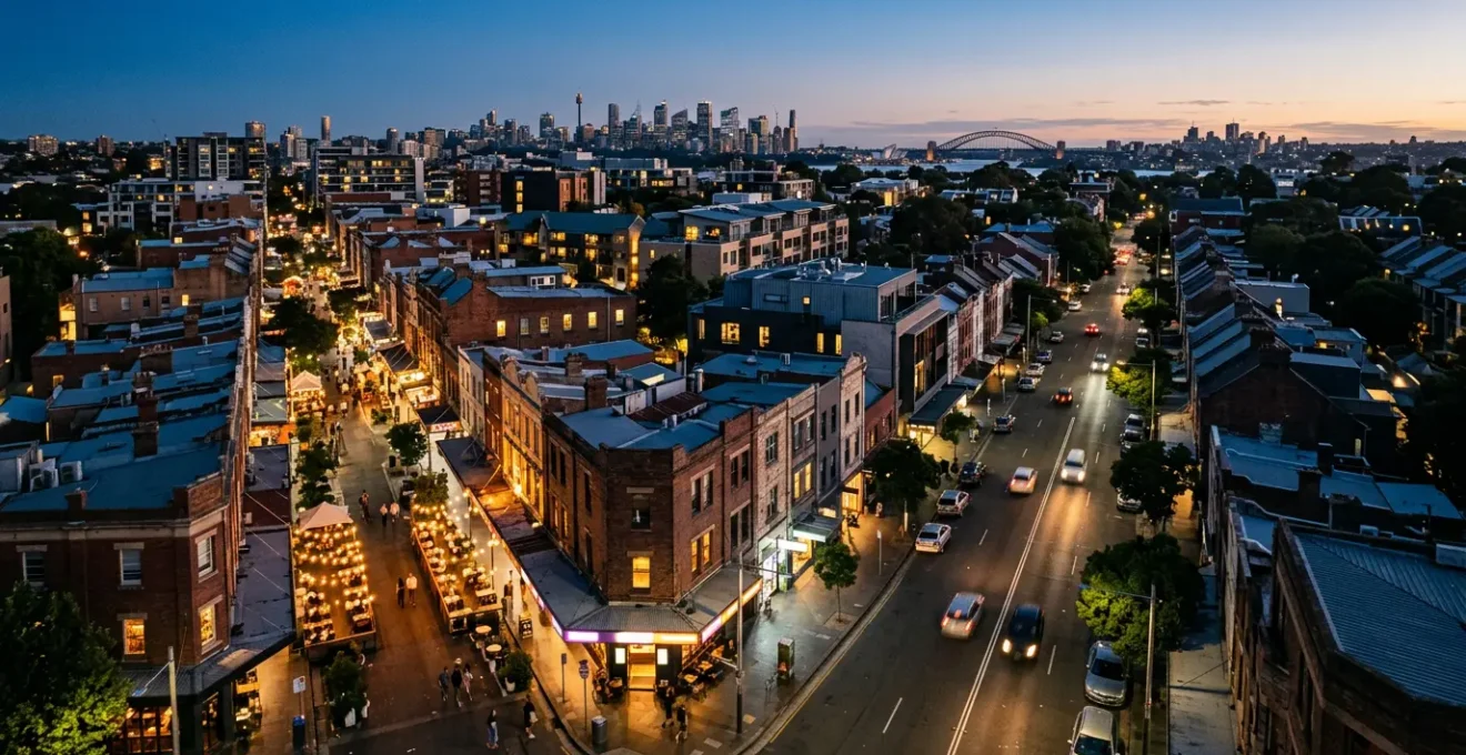 Aerial evening view of urban Sydney precinct with illuminated streets and mixed commercial venues