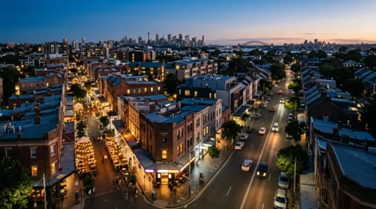 Aerial evening view of urban Sydney precinct with illuminated streets and mixed commercial venues