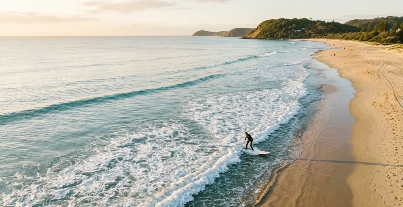 Beginner surfer riding gentle whitewash waves at a calm Gold Coast beach during golden hour