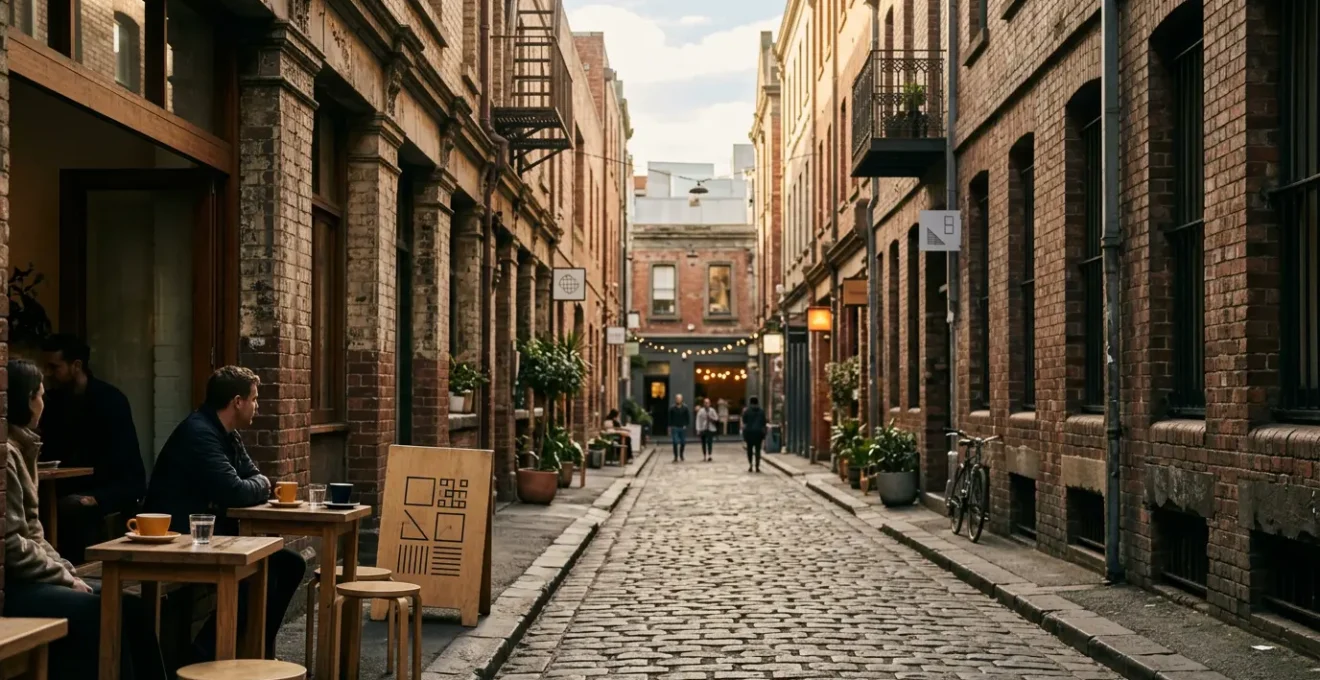 Atmospheric Melbourne laneway cafe scene with morning light filtering through historic architecture and coffee culture