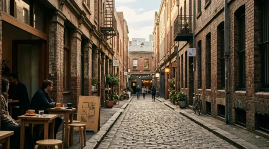 Atmospheric Melbourne laneway cafe scene with morning light filtering through historic architecture and coffee culture