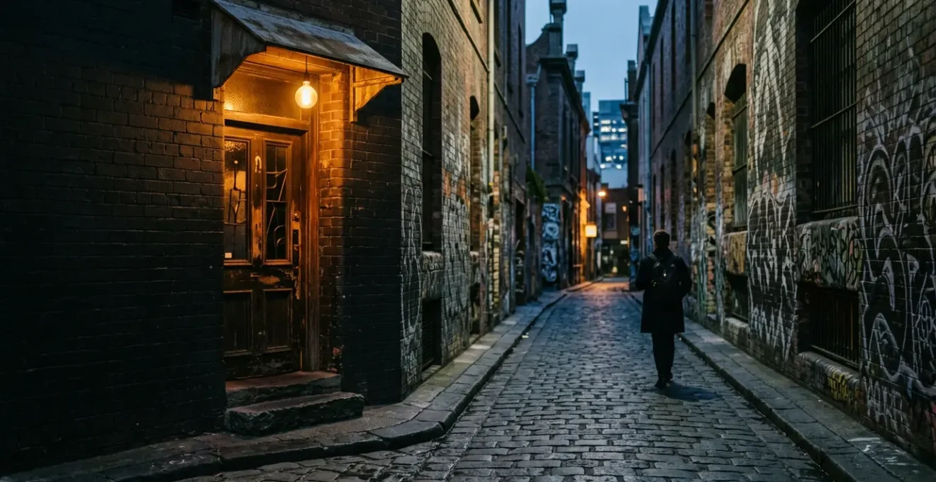 Melbourne's iconic laneway at dusk with warm ambient lighting from hidden bar entrance