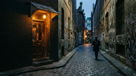Melbourne's iconic laneway at dusk with warm ambient lighting from hidden bar entrance