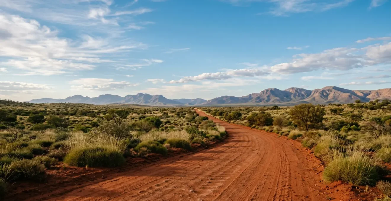 Dusty unsealed road stretching through red desert landscape with distant mountain ranges under vast outback sky