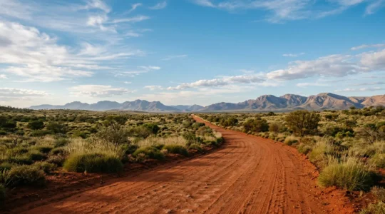 Dusty unsealed road stretching through red desert landscape with distant mountain ranges under vast outback sky