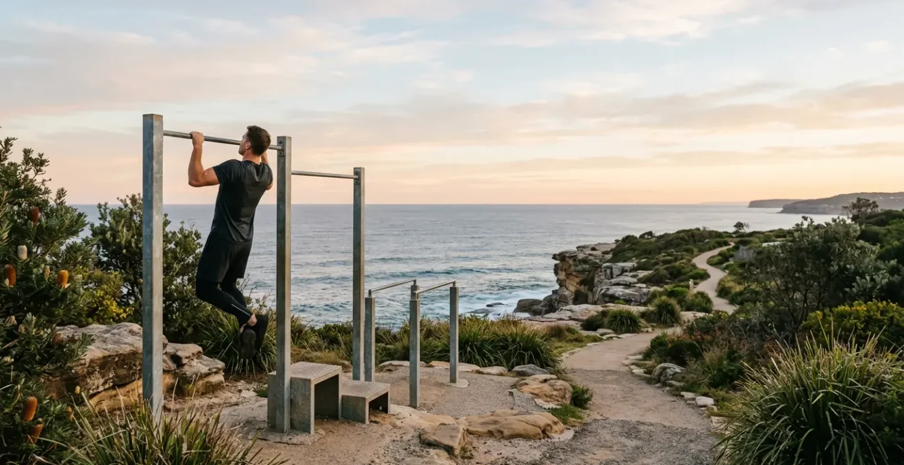 Person exercising at a beachside outdoor gym with ocean views and Sydney coastline in the background