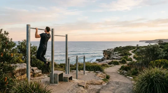 Person exercising at a beachside outdoor gym with ocean views and Sydney coastline in the background