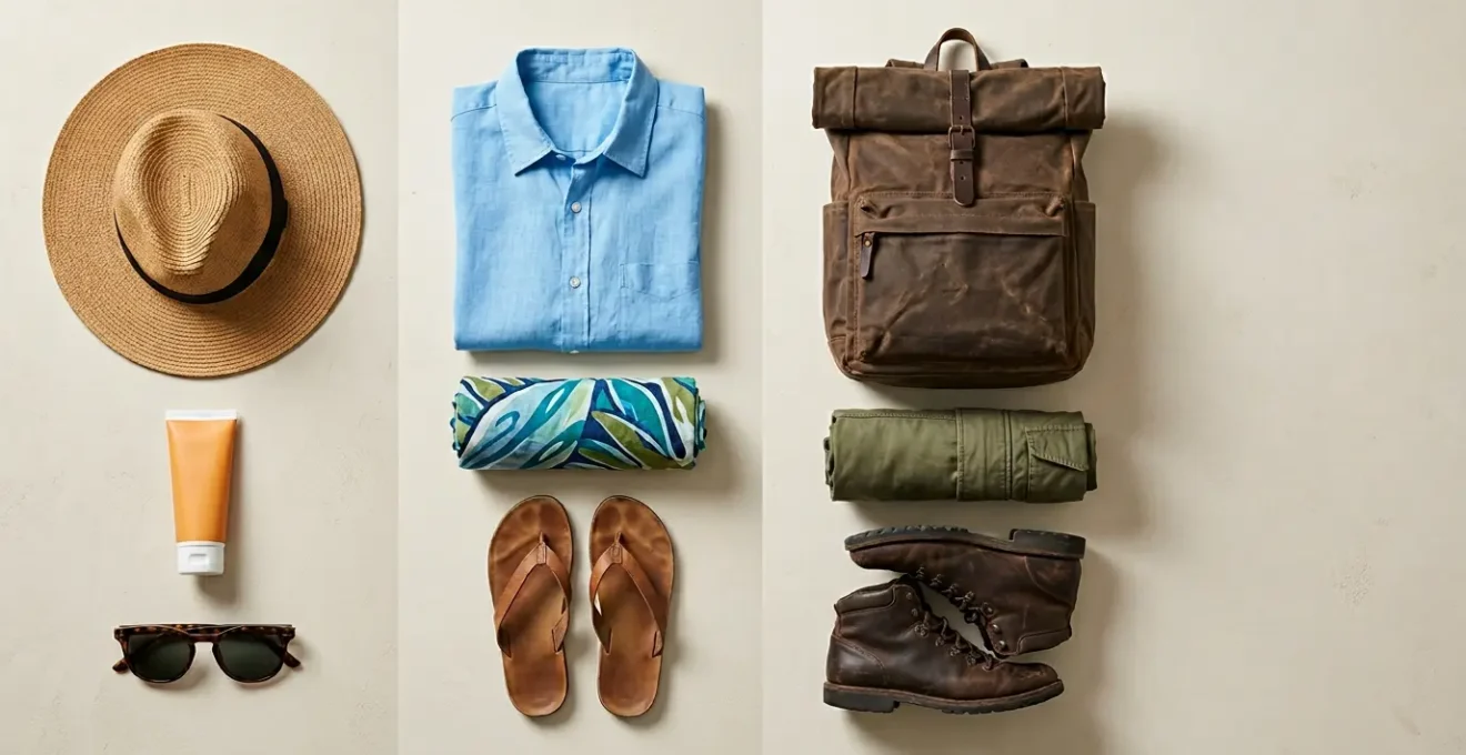 Organized travel essentials laid out for Australian multi-climate journey