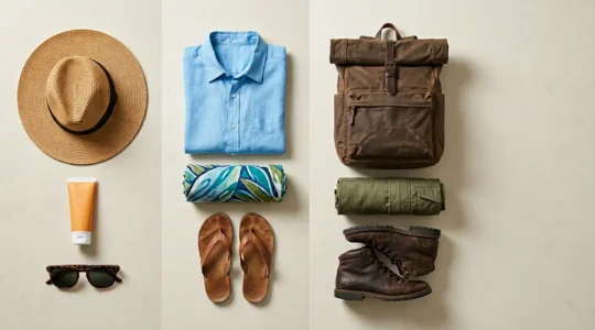 Organized travel essentials laid out for Australian multi-climate journey