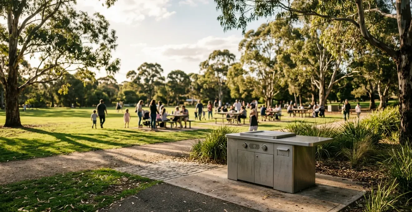 Public electric BBQ hotplate in a sunny park setting with families cooking outdoors