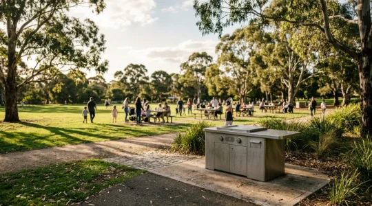 Public electric BBQ hotplate in a sunny park setting with families cooking outdoors