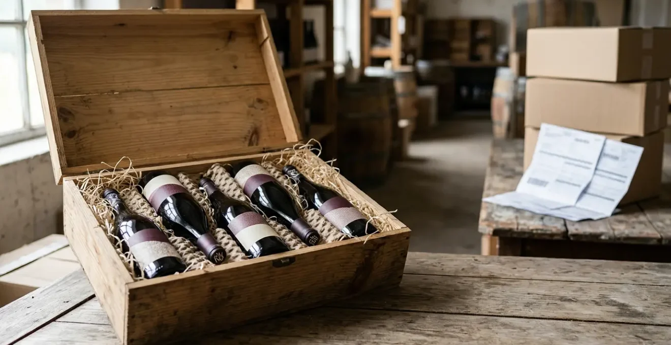 Wine bottles carefully packed in protective shipping materials with customs documentation for UK import