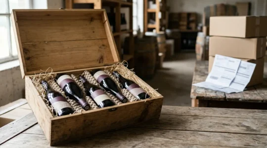 Wine bottles carefully packed in protective shipping materials with customs documentation for UK import