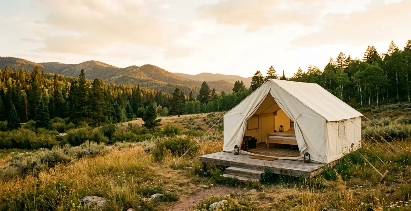 Luxury canvas glamping tent in golden summer light with natural surroundings