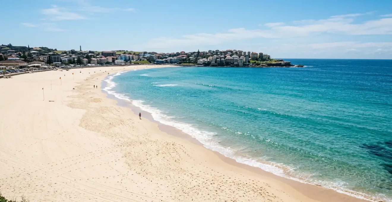 Empty Sydney beach with pristine white sand and turquoise water after heavy rainfall, showing closed beach warning infrastructure without swimmers